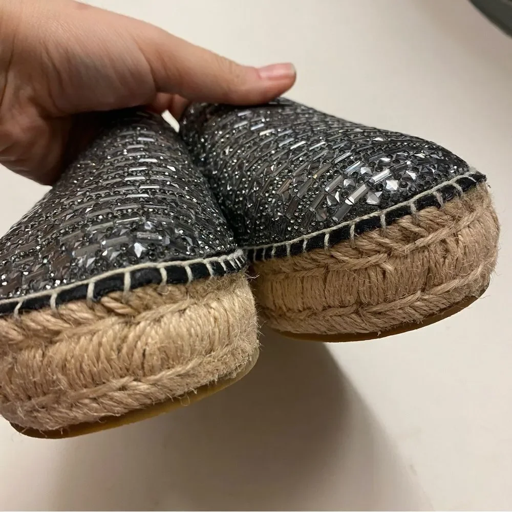 STEVE MADDEN Proud Black Silver Embellished Leather Platform Espadrilles shoe 10